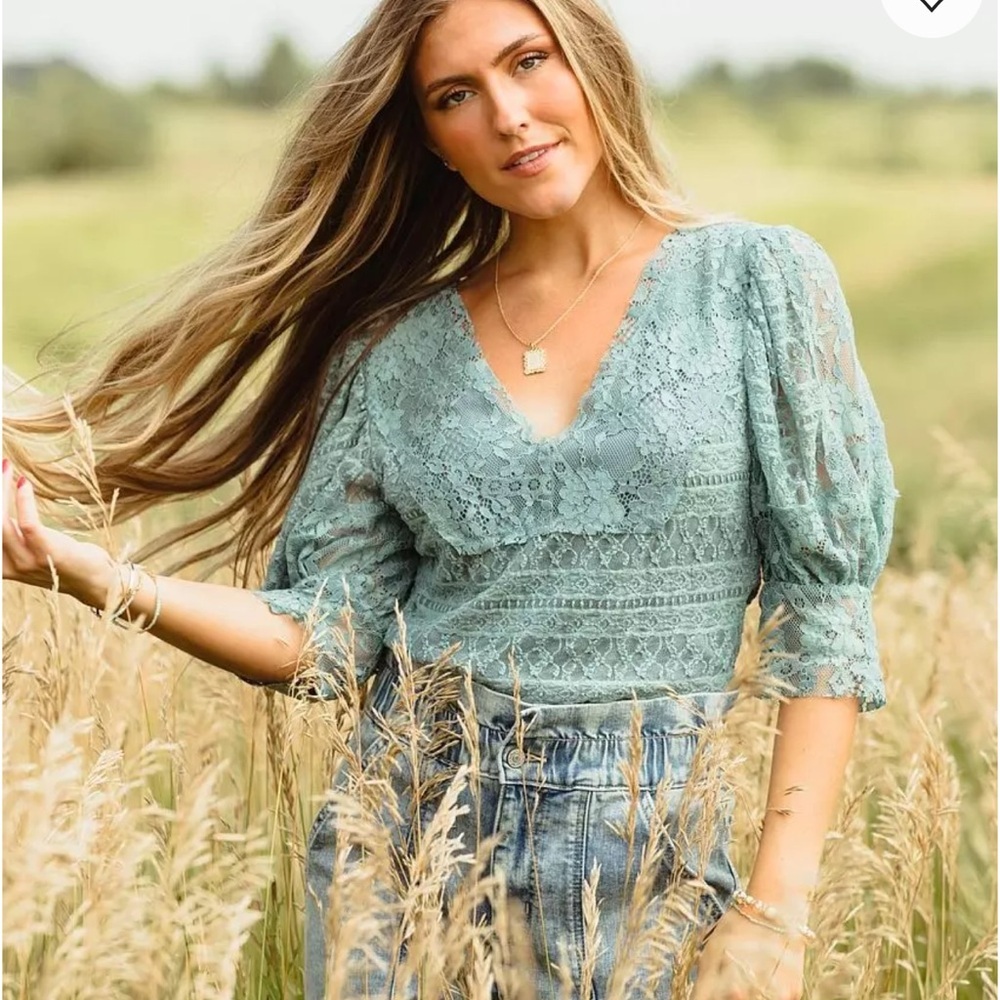 Gimmicks | Buckle |  Elegant Lace V-Neck Top in Blue